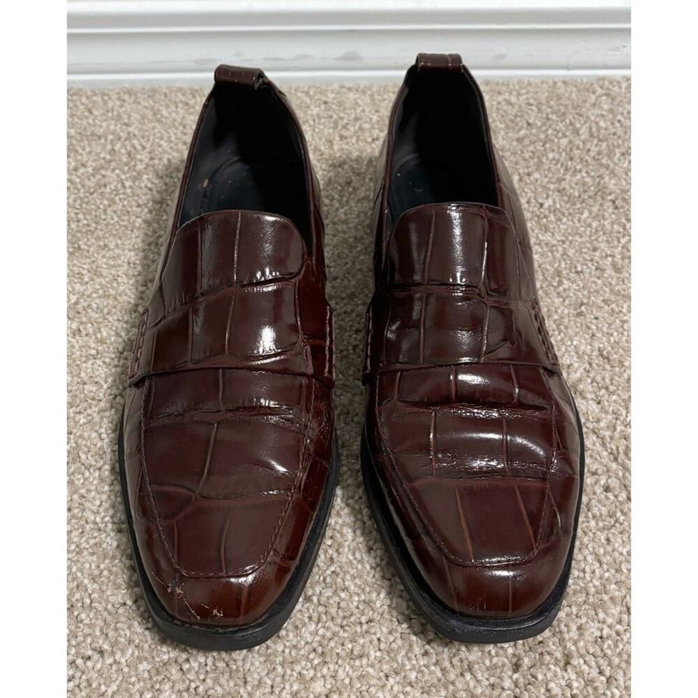 3.1 Phillip Lim Maroon Brown Crocodile Reptile Embossed Loafers 38.5